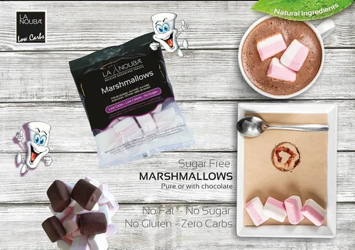 Miniatura 7 de Malvaviscos sin azúcar de La Nouba – Paquete de 2.7 oz. – Snack bajo en calorías, bajo en carbohidratos, sin grasa y sin gluten – Sabor delicioso