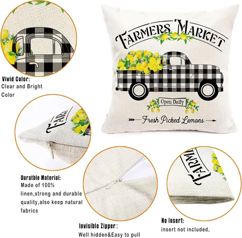 Miniatura 3 de Hexagram Lemon Farmhouse - Juego de 4 fundas de almohada de 16 x 16 pulgadas, fundas decorativas de verano a cuadros de búfalo, fundas de cojín