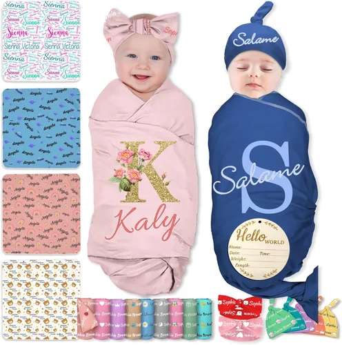 Miniatura 9 de Manta personalizada para bebés y niños, manta con nombre personalizado para recibir con diadema de lazo y sombrero, artículos personalizados