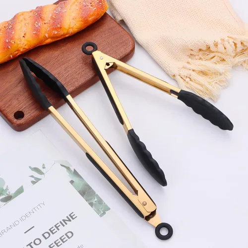 Miniatura 5 de Pinzas doradas clásicas de acero inoxidable para servir comida y fiesta, pinzas de cocina de 9 y 12 pulgadas con puntas de silicona sin BPA