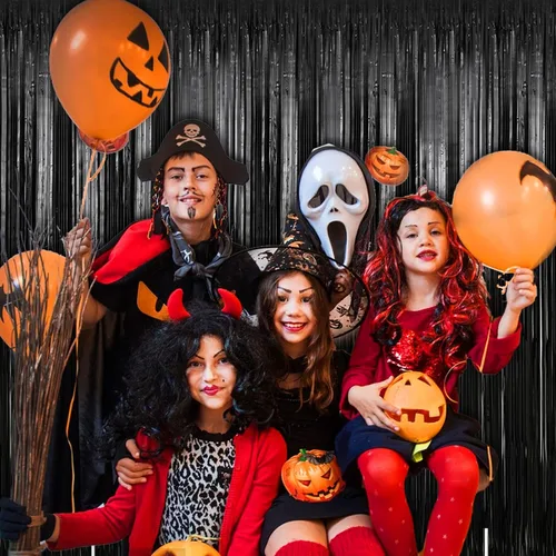 Miniatura 3 de Paquete de 2 cortinas de oropel negras de 3.28 x 6.56 pies, decoración de telón de fondo de fiesta con flecos metálicos para Halloween, Navidad