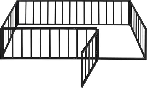Miniatura 7 de Cama de suelo de tamaño individual para niños, camas Montessori con rieles y puerta, marco de cama de metal con valla para niños y niñas, color negro