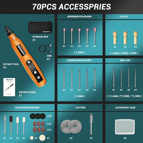 Miniatura 3 de Herramienta giratoria inalámbrica, kit de mini herramientas rotativas de 5 velocidades variables con 70 accesorios, 3.7 V tipo C herramienta