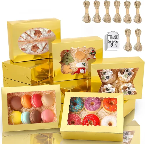 KPOSIYA 65 PCS Cajas para Galletas de 8x6x2.5 Pulgadas con Ventana Cajas Doradas de Panadería Cajas de Repostería para Regalar, Golosinas, Postre,