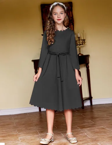Miniatura 2 de Arshiner Vestido de fiesta para niñas con ribete festoneado, cinturón, acampanado, formal, por debajo de la rodilla, con bolsillos, para 6-15 años