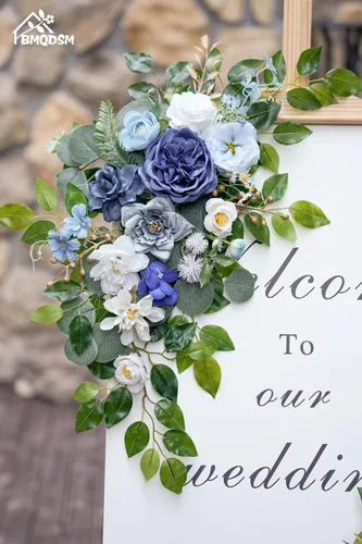 Miniatura 3 de Letreros florales de bienvenida de boda (paquete de 2), flores de arco de boda para decoración de boda y decoración de fondo de recepción (azul)