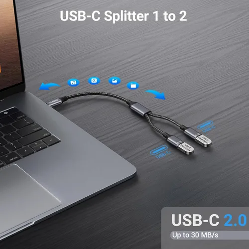 Miniatura 6 de KiwiBird Divisor USB C de carga de 1 en 2 salidas, cable de extensión y divisor de datos de alimentación USBC, tipo C macho a puerto USB C hembra