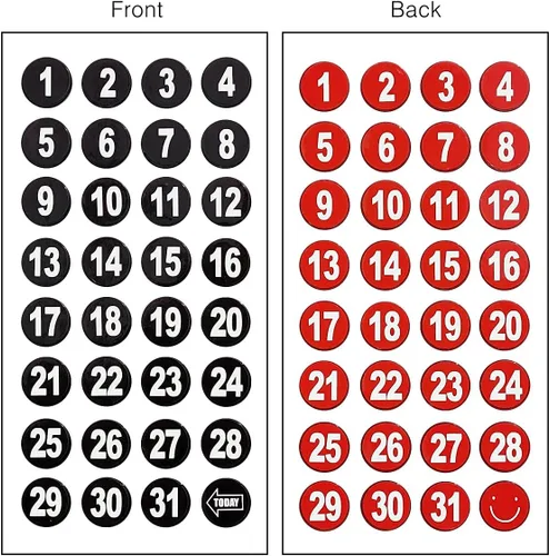 Miniatura 7 de Azulejos magnéticos de doble cara para fecha y día de la semana, juego de números de ferrita extra fuertes para refrigerador, tableros de horarios