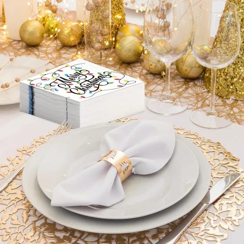 Miniatura 7 de Honoson 100 Piezas Servilletas de Cóctel con Luces de Navidad Feliz Navidad Servilletas de Papel Desechables Toalla de Cena para Invitados