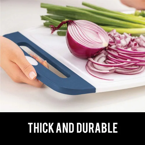 Gorilla Grip Juego de 3 tablas de cortar y pelador de verduras, ambos en color azul, las tablas de cortar son aptas para lavavajillas, pelador con