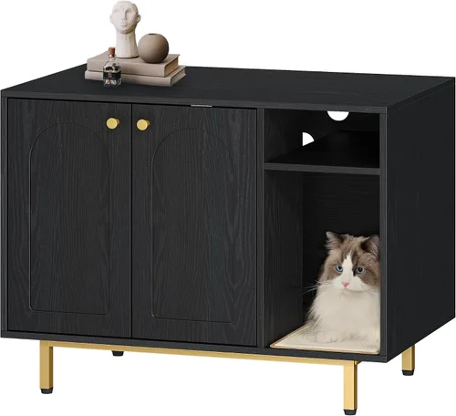 Hzuaneri Caja de arena para gatos, mueble oculto con almacenamiento, armario grande de madera con alfombrilla de sisal, baño moderno para gatos para