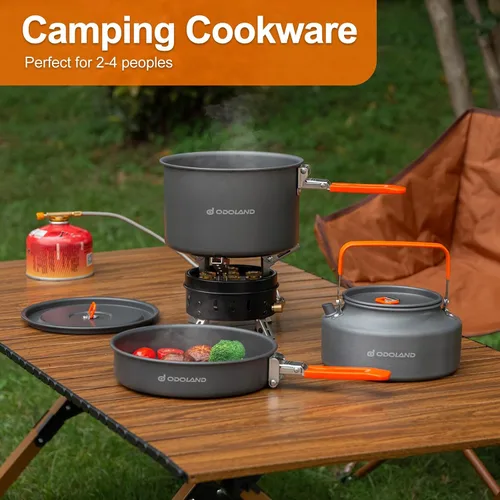 Miniatura 6 de Odoland Kit de utensilios de cocina para camping, sartén y hervidor de agua de 1.1 L, juego de utensilios de cocina portátiles con bolsa de malla