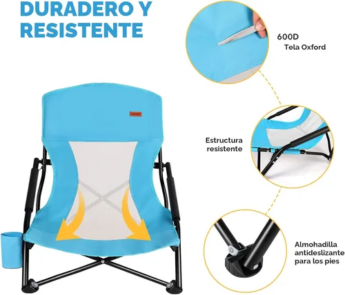 Miniatura 4 de TOBTOS Silla de playa baja para adultos, paquete de 2, plegable de perfil bajo con portavasos y bolsa de transporte, silla resistente para arena al