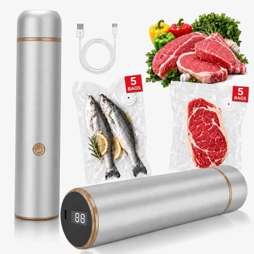Potente sellador al vacío de mano, máquina compacta para ahorrar alimentos con 10 bolsas reutilizables, diseño portátil para preparación de comidas,