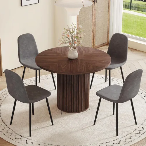 Miniatura 9 de Mesa de comedor redonda para 4-6, mesa de comedor negra con tablero de madera de 42'' y base de pedestal cilíndrico, mesa de cena redonda