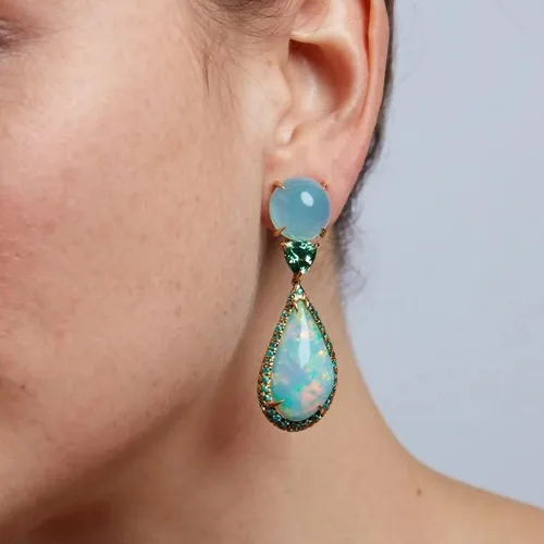 Miniatura 2 de Pendientes de tuerca de lujo de ópalo artificial de moda verde esmeralda