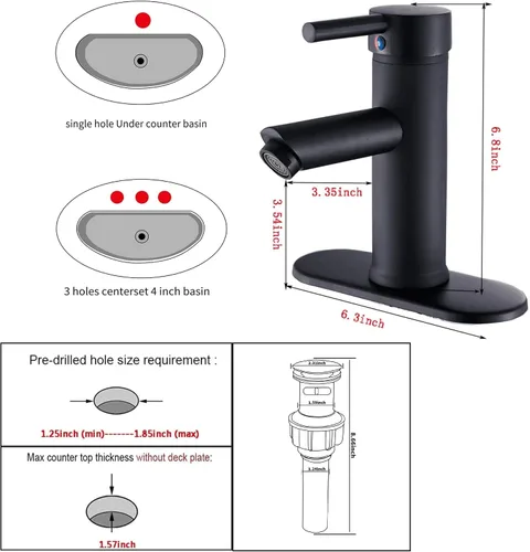 Miniatura 2 de Grifo de lavabo de baño negro con una sola manija 1 agujero a juego con desagüe emergente baño Vantity grifo lavabo negro mate