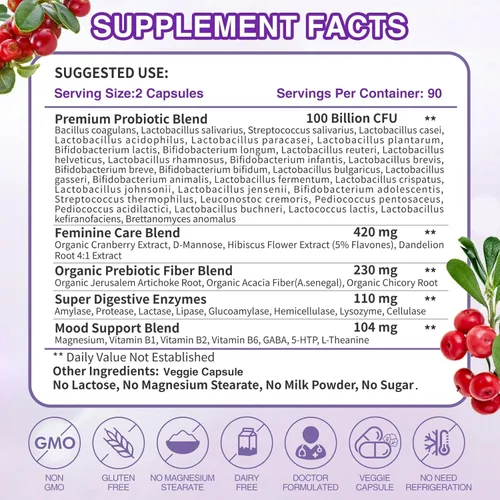 Miniatura 7 de ZEBORA Probióticos para la salud digestiva con enzimas y prebióticos, probióticos vaginales con manosa D y arándano, 100 mil millones de UFC