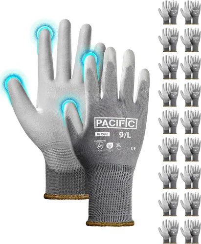 Miniatura 16 de PACIFIC PPE 18 pares de guantes de trabajo, guantes de punto sin costuras recubiertos de poliuretano, guantes de seguridad para pantalla táctil