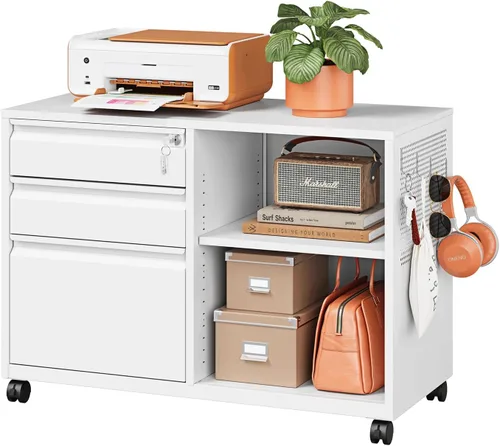 Miniatura 33 de Archivador de metal con 2 cajones con cerradura, gabinete archivador con soporte para impresora móvil y estantes para archivos de tamaño Negro