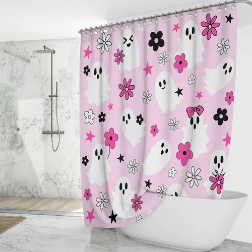 Miniatura 2 de Mocsicka Cortina de ducha rosa de Halloween, bonita decoración de baño de fantasma, cortina de ducha de fantasma floral genial, cortina de baño