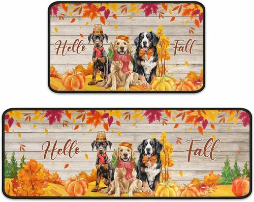 Juego de 2 alfombras de cocina con diseño de calabaza otoñal, decoración de otoño para el hogar, decoración de otoño, decoración de Acción de