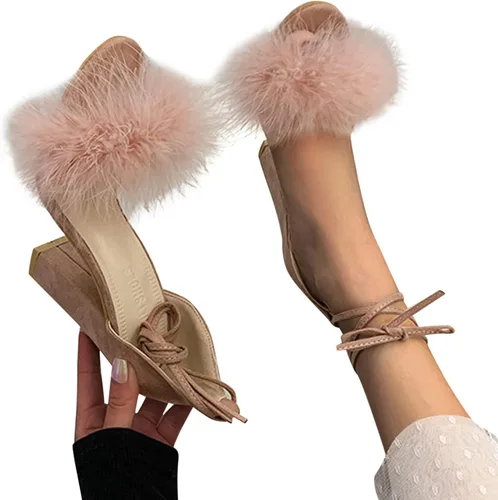 Miniatura 2 de ZiSUGP Sandalias de tacón alto con pompones y tacón ancho para mujer