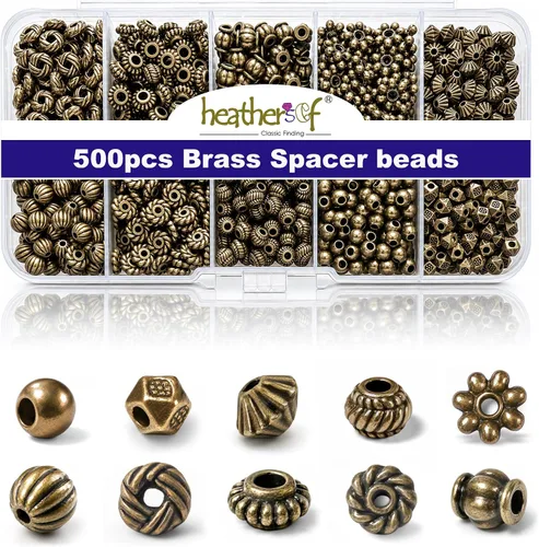 Heather's cf Cuentas espaciadoras de latón, 500 unidades, calidad duradera y estilo antiguo, espaciadores de cuentas de latón surtidos para