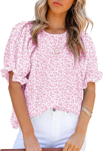 Dokotoo Blusas con Estampado Floral para Mujer Cuello Redondo Fruncidas Manga Abombada Camisas Casuales Tops Babydoll