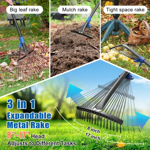 Miniatura 3 de Rastrillo para hojas: rastrillo de hojas de metal ajustable para césped, cabeza expandible de 8 a 17 pulgadas, mango largo de 45 pulgadas