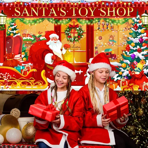Miniatura 6 de Avezano Telón de fondo de Navidad, pancarta roja de la tienda de juguetes de Santa para fotografía, fondo de tienda de Navidad, decoración
