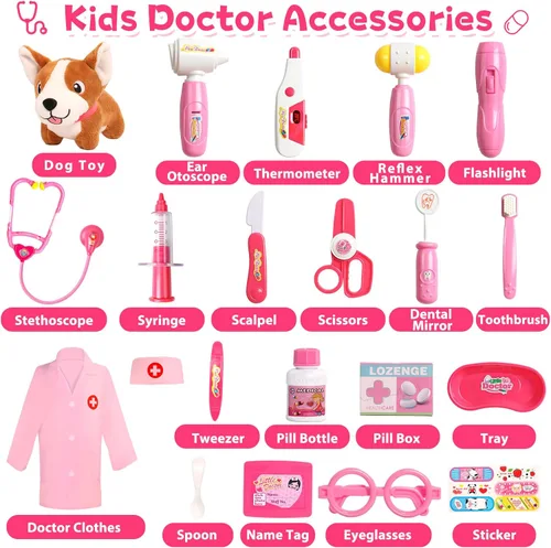 Miniatura 5 de Kit de médico para niños pequeños de 3 a 5 años, disfraz para niñas de 2 años, veterinario, juego de médico con estetoscopio, disfraz rosa, juguete