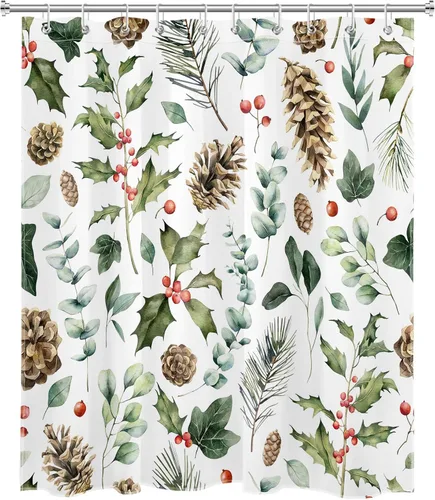 Miniatura 2 de EOBTAIN Cortina de ducha rústica con hojas de plantas para baño, cortina de ducha de acuarela verde con hojas de eucalipto y piña sobre blanco