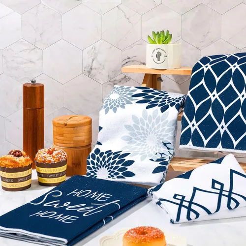 Miniatura 3 de Kajaia 4 paños de cocina azules florales paños de cocina geométricos, toallas de mano decorativas bohemias, paños de mano absorbentes a cuadros