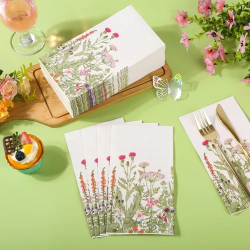 Miniatura 4 de 100 servilletas de papel de flores silvestres desechables florales de 3 capas, servilletas vintage botánicas de hojas verdes, hierbas, toalla