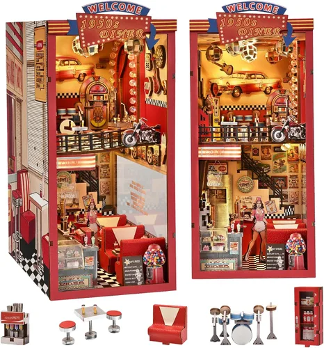 fifijoy Kit de Rincón de Libros - Kit de Casa en Miniatura DIY para Adultos, Kit de Construcción de Casa Pequeña Cafetería Retro de los años 50 con