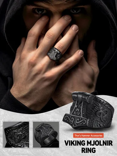 Miniatura 2 de FaithHeart Norse Viking Jewelry - Anillo de acero inoxidable de guerrero para hombre con diseño vikingo de cabeza de lobomartillo de Thor