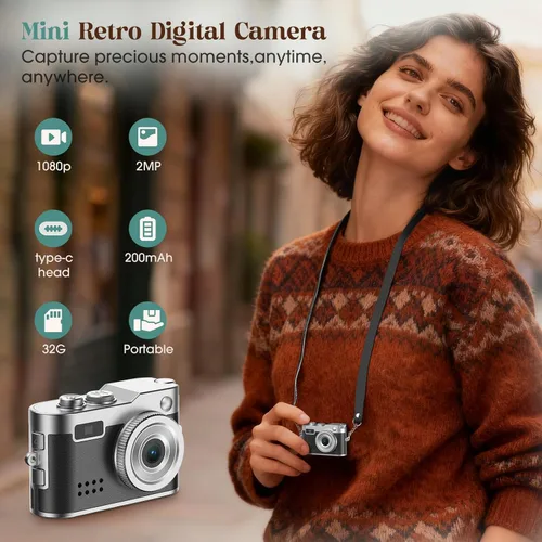 Miniatura 2 de HOTU Mini cámara digital, llavero 1080P HD con lente de 2MP, flash, grabación de video, tarjeta 32G incluida, cámara retro portátil y compacta