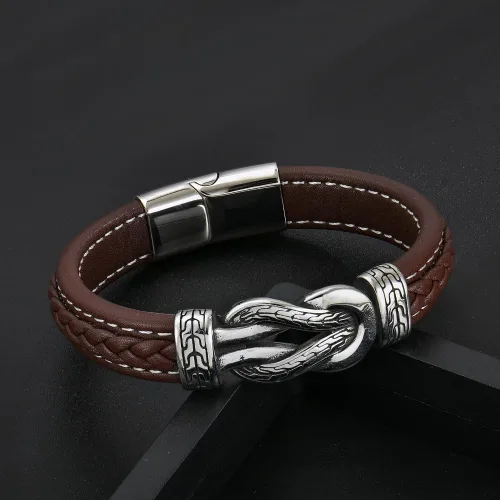 Miniatura 2 de Pulsera de cuero con nudo infinito para hombre, acero inoxidable, negromarrón, cuero genuino, trenzada, pulsera de joyería para hombres, padre
