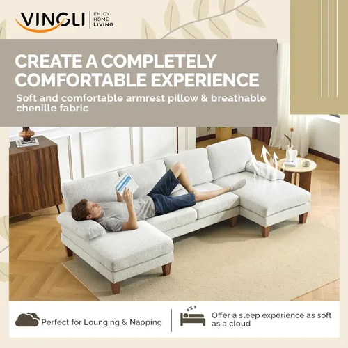 Miniatura 8 de VINGLI Sofá seccional en forma de U de 110' con dos chaise, sofá pequeño asequible con 4 asientos, sofás cómodos de tela chenille para sala