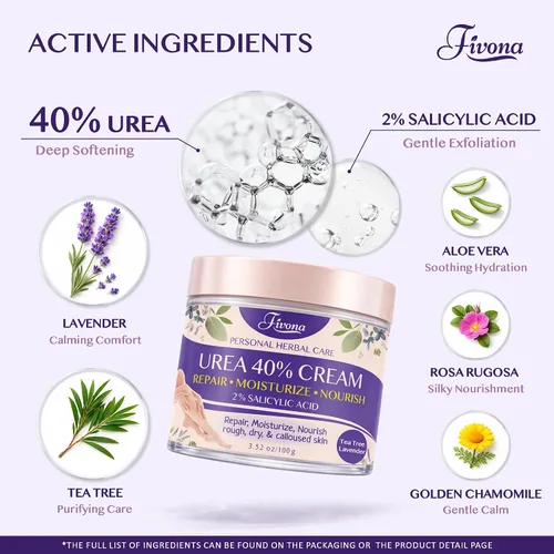 Miniatura 2 de FIVONA Crema para pies 40% urea para talones secos agrietados, crema suavizante de callos extra fuerte con ácido salicílico al 2%, árbol de té