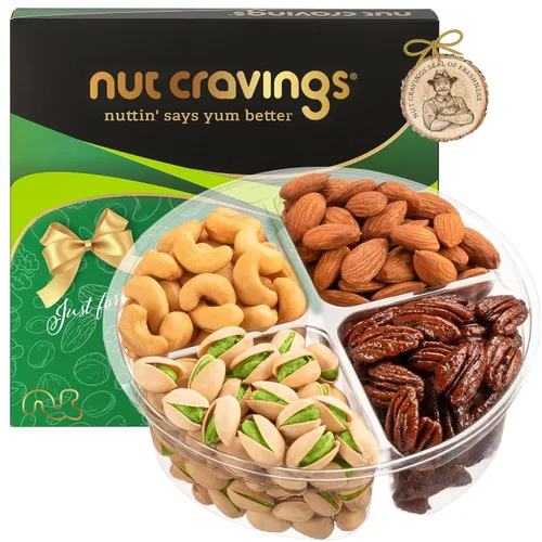 Miniatura 9 de NUT CRAVINGS - Cesta de regalo de frutos secos mixtos en caja de oro verde (7 surtidos, 2 libras) golosinas para adultos, arreglo de alimentos