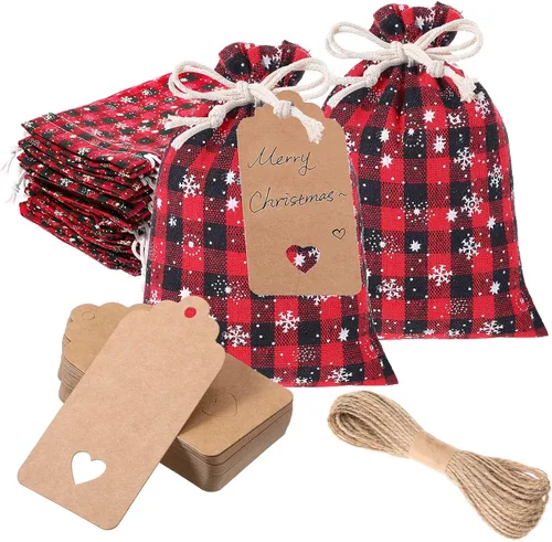 Miniatura 8 de Shappy 24 bolsas de Navidad con cordón, bolsas de arpillera a cuadros de Navidad, bolsas de lino con cuerda de 32.8 pies, 24 tarjetas