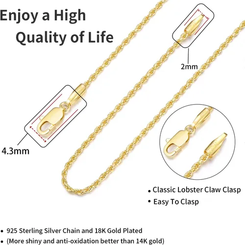 Miniatura 4 de Jewlpire Collar de cadena de plata de ley 925 maciza de 18 quilates para mujeres y niñas, cadena de cuerda de 0.069 pulgadas, cadena italiana