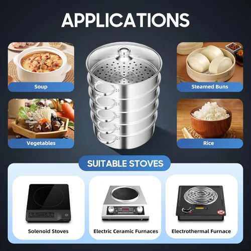 Miniatura 6 de Olla de vapor de acero inoxidable de 5 niveles para cocinar, olla de vapor multiusos de acero inoxidable de 11 pulgadas con asa y tapa, cesta