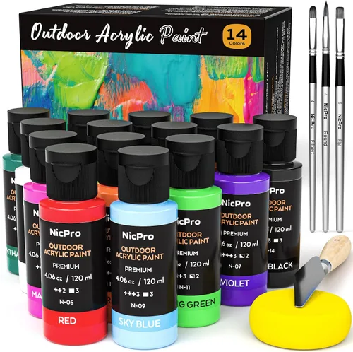 Nicpro 14 colores pintura acrílica al aire libre a granel (120 ml, 4.06 oz) con pincel y esponja, cuchillo, pintura brillante no tóxica para