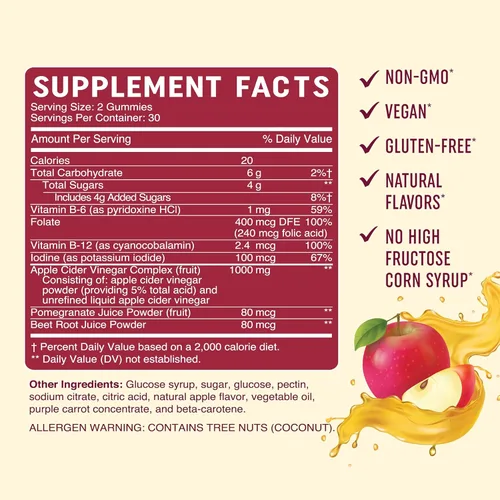 Miniatura 6 de Gomitas orgánicas de vinagre de sidra de manzana para la digestión, desintoxicación y apoyo saludable de la función inmunológica 1000 mg de ACV
