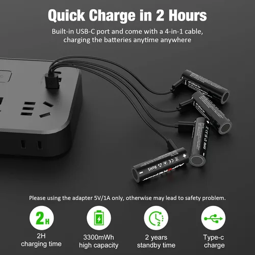Miniatura 4 de Baterías recargables AA de litio, baterías AA recargables USB C, paquete de 4 unidades de 3300 mWh con cable USB C 4 en 1, más de 1200 ciclos, carga