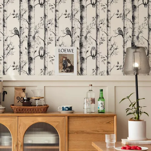 Miniatura 8 de Papel tapiz de abedul para despegar y pegar, papel tapiz de búho, vinilo autoadhesivo en blanco y negro, para decoración del hogar, 17.7 x 118