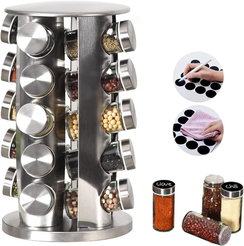 EBIZ&TECH - Estante giratorio para 20 tarros de acero inoxidable con base antideslizante - Organizador de encimera de cocina para fácil acceso y